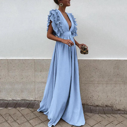 Elysia - Deep V-Neck Ruffle Sleeve Maxi Dress