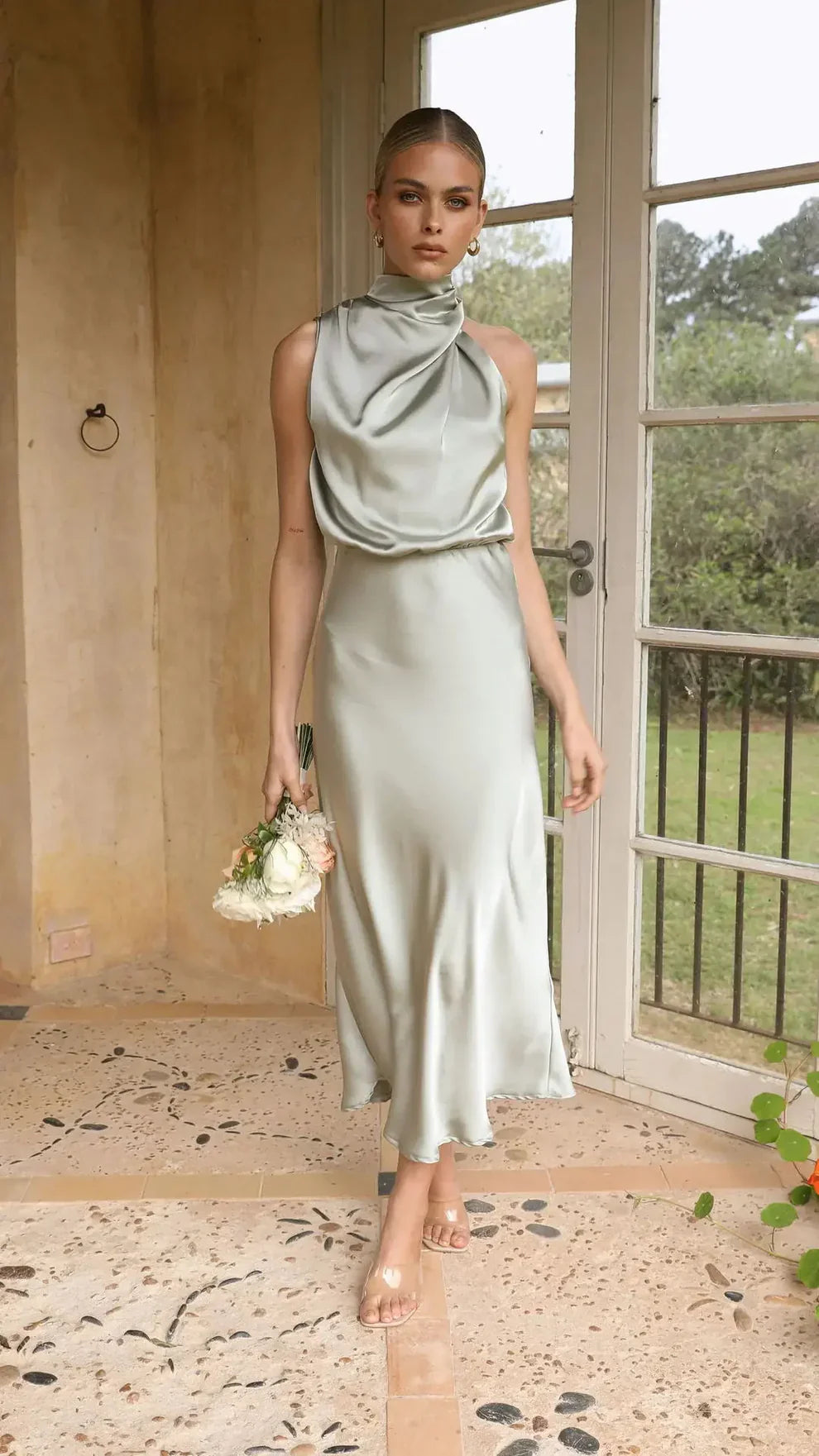Briony – Elegant Satin Halter Neck Dress