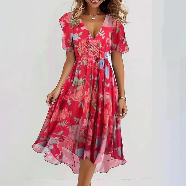 Frenna - Vibrant V-neck Abstract Print Midi Dress