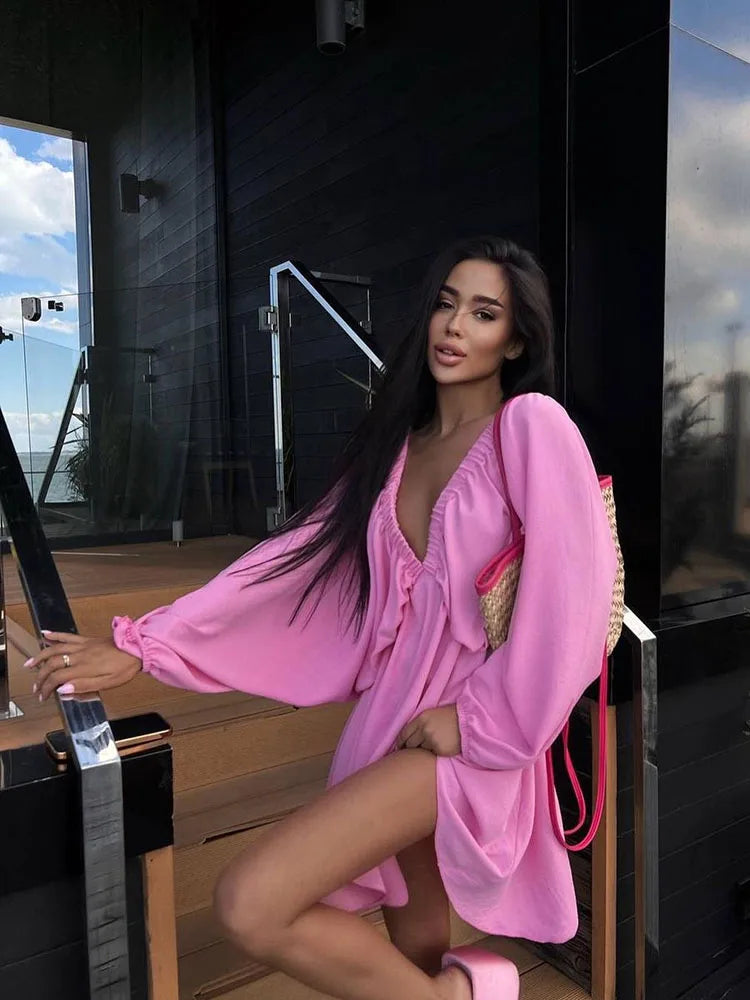 Aori – Boho V-neck Long Sleeves Mini Dress