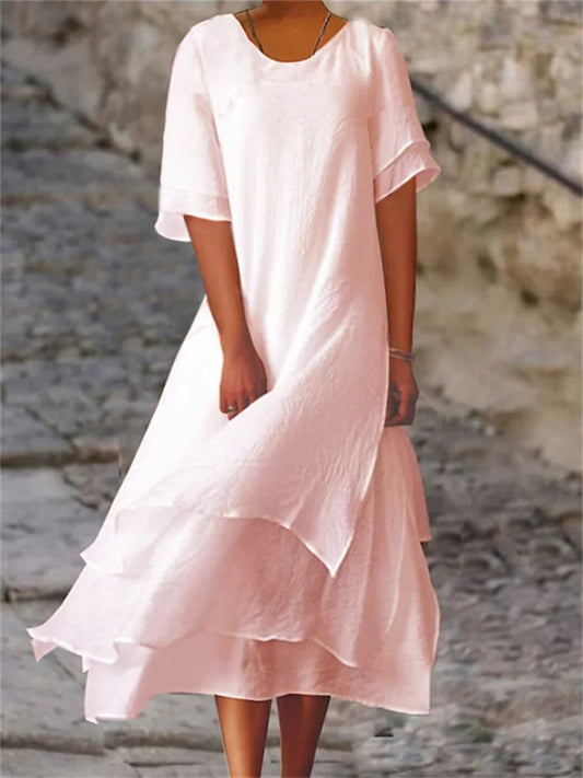 Avianna - Double layer slit short sleeve round neck dress
