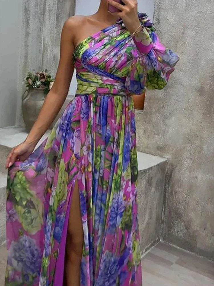 Lilac - Purple Printed Side Slit One Sleeve Sexy Maxi Dress