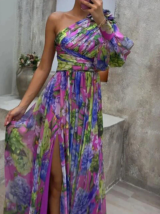 Lilac - Purple Printed Side Slit One Sleeve Sexy Maxi Dress