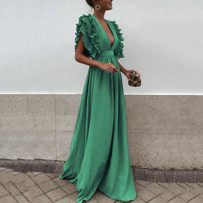 Elysia - Deep V-Neck Ruffle Sleeve Maxi Dress