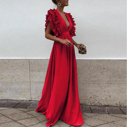 Elysia - Deep V-Neck Ruffle Sleeve Maxi Dress