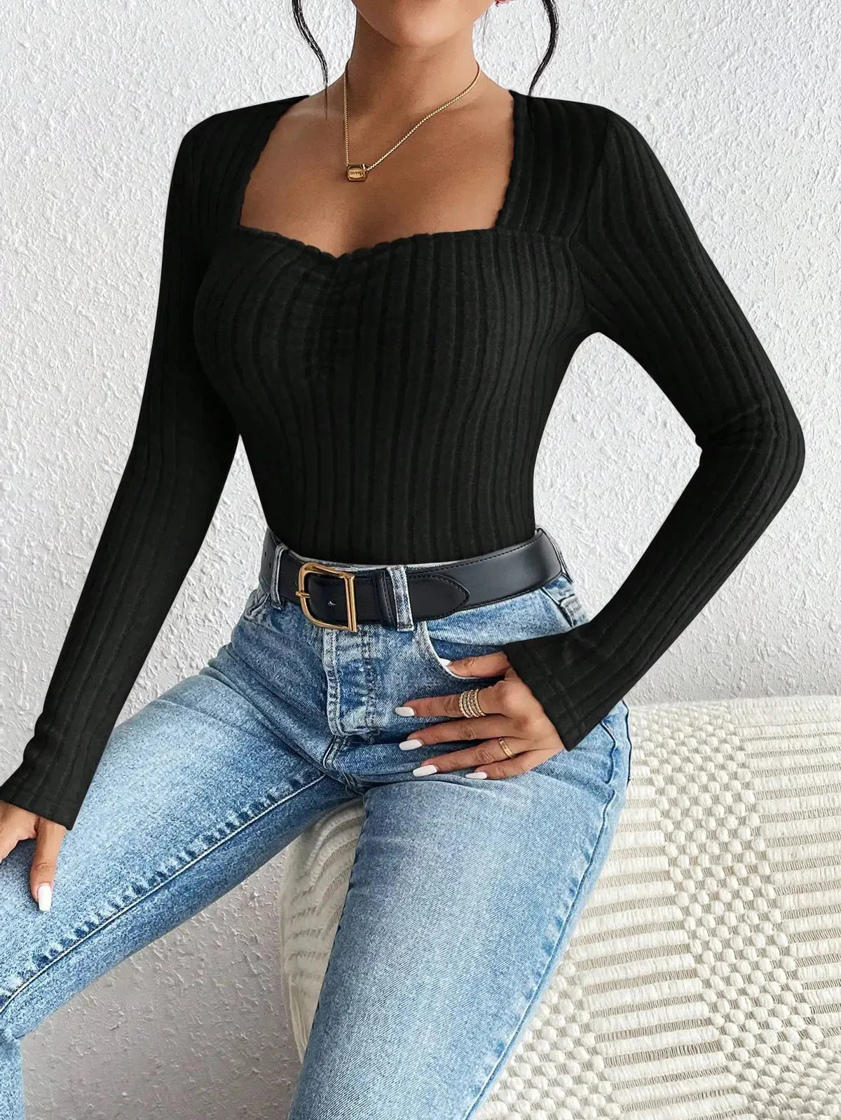 Emberlyn - Long-sleeved Ribbed Knit Top with Sweetheart Neckline