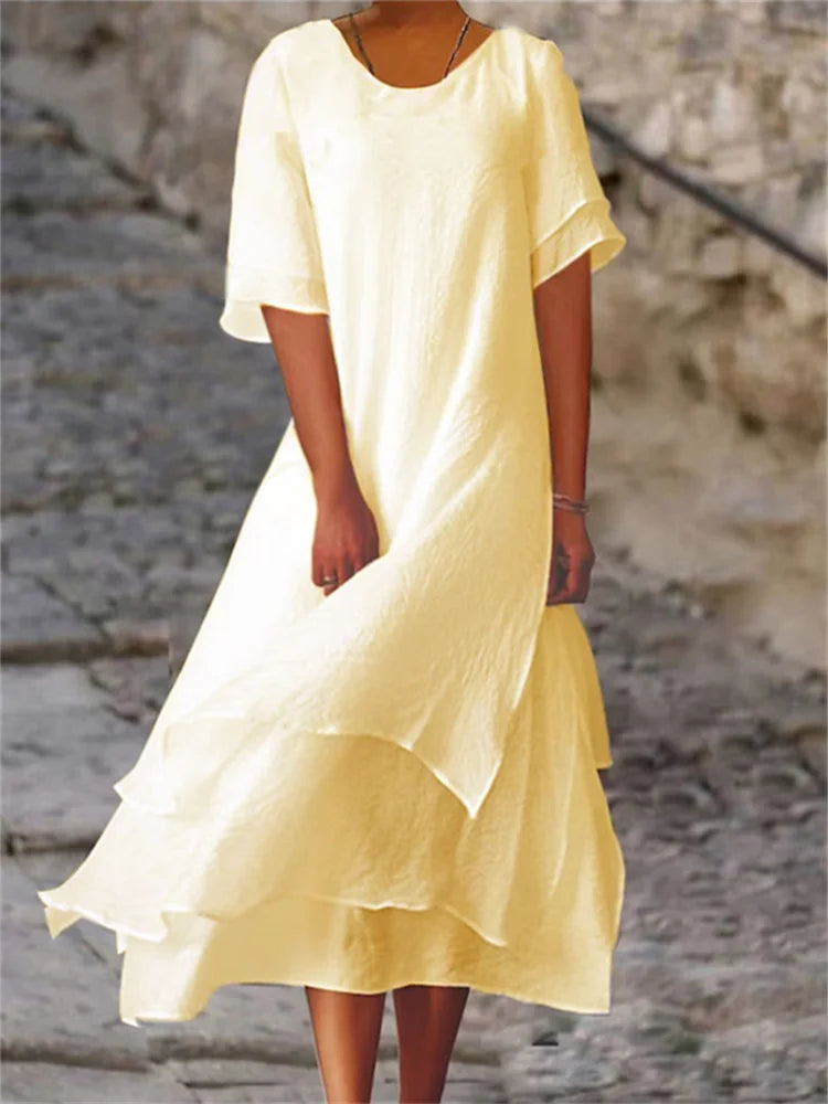 Avianna - Double layer slit short sleeve round neck dress