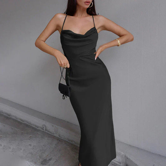 Daphne – Satin Slip Cowl Draped Neckline Dress