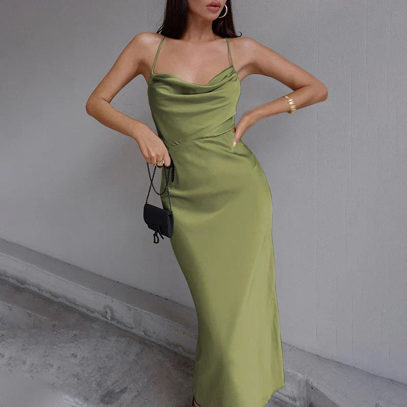 Daphne – Satin Slip Cowl Draped Neckline Dress