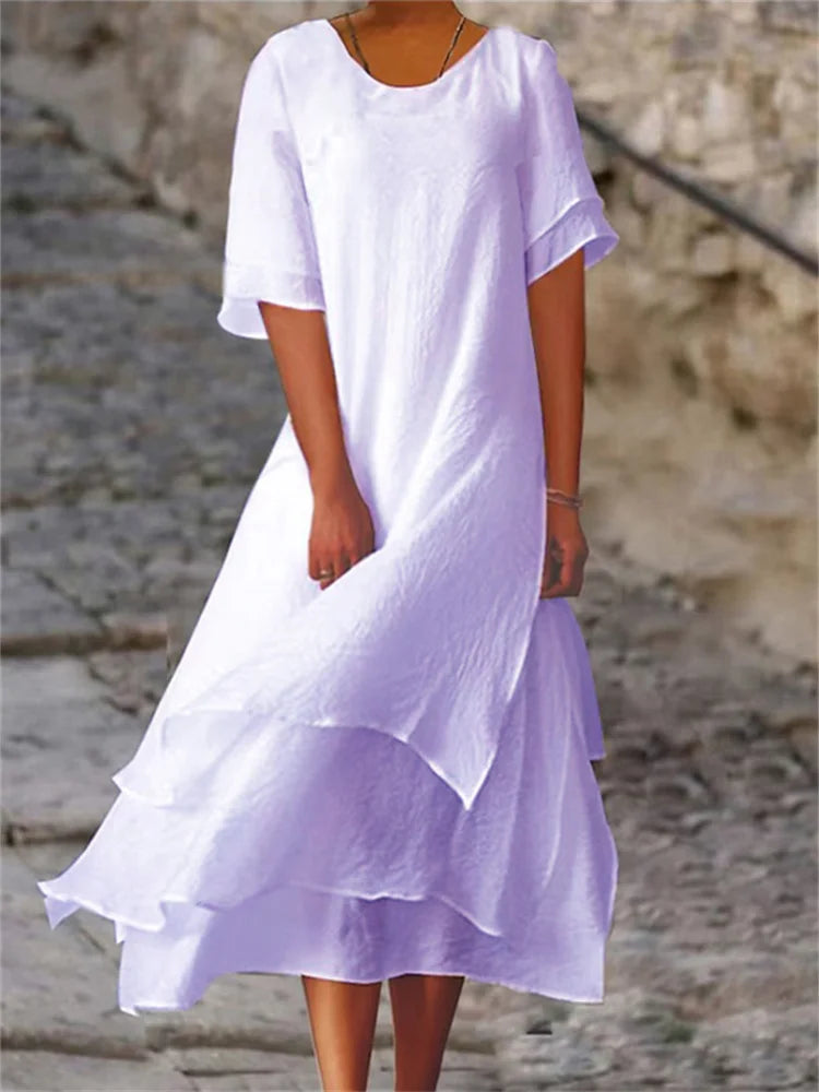 Avianna - Double layer slit short sleeve round neck dress