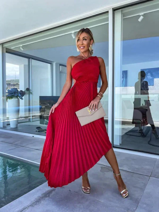 Iscariel – Elegant One-Shoulder Pleated Dress