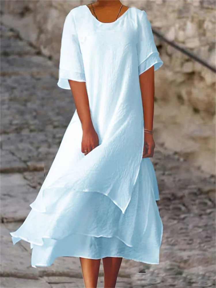 Avianna - Double layer slit short sleeve round neck dress