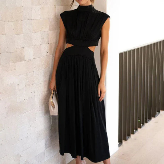 Ahzi – Sleeveless Cut-out Waist Flared Dress High Neck