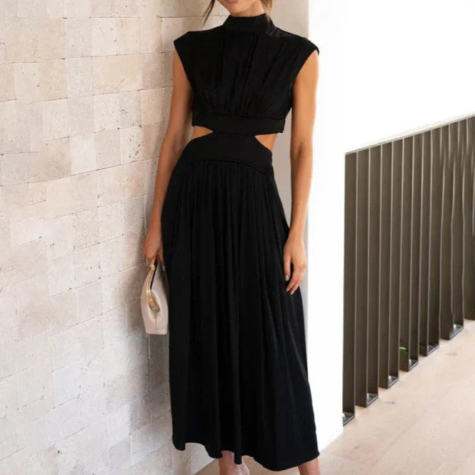 Ahzi – Sleeveless Cut-out Waist Flared Dress High Neck