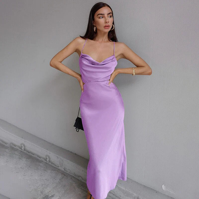 Daphne – Satin Slip Cowl Draped Neckline Dress