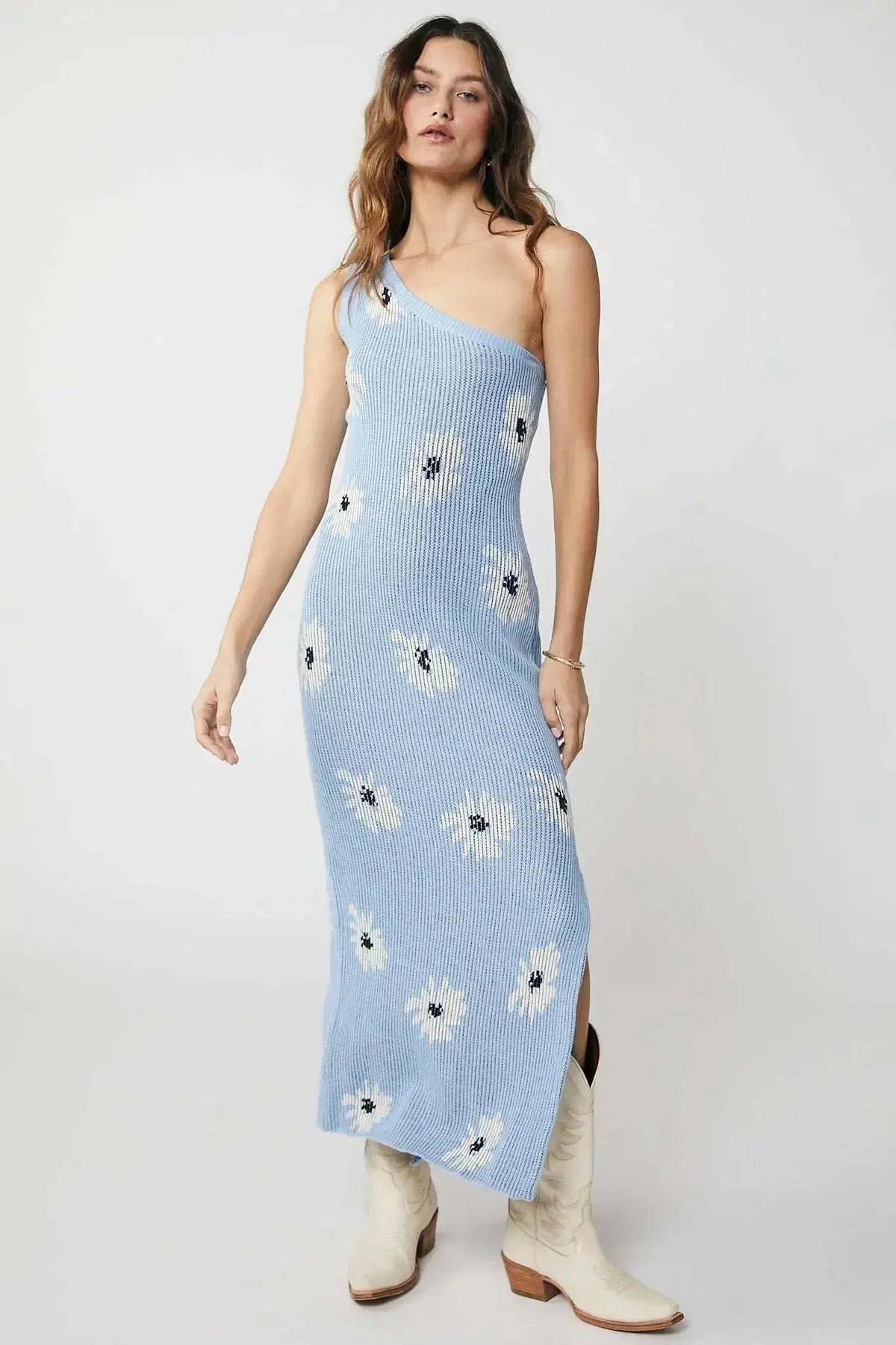 Frelika – One-shoulder Floral Knit Midi Dress