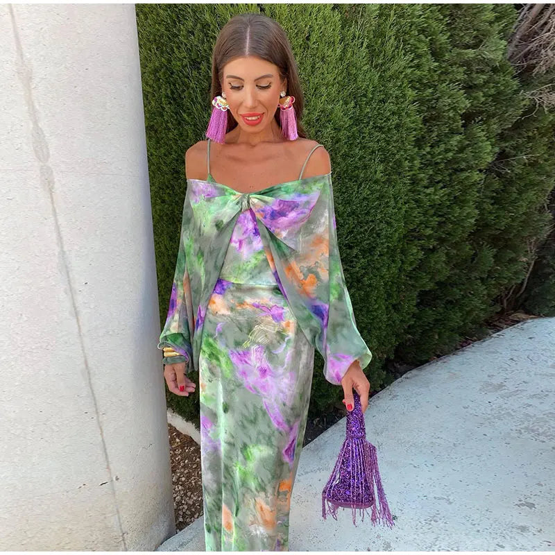 Anisten - Colorful and sexy maxi dress with halo-dye print and removable scarf