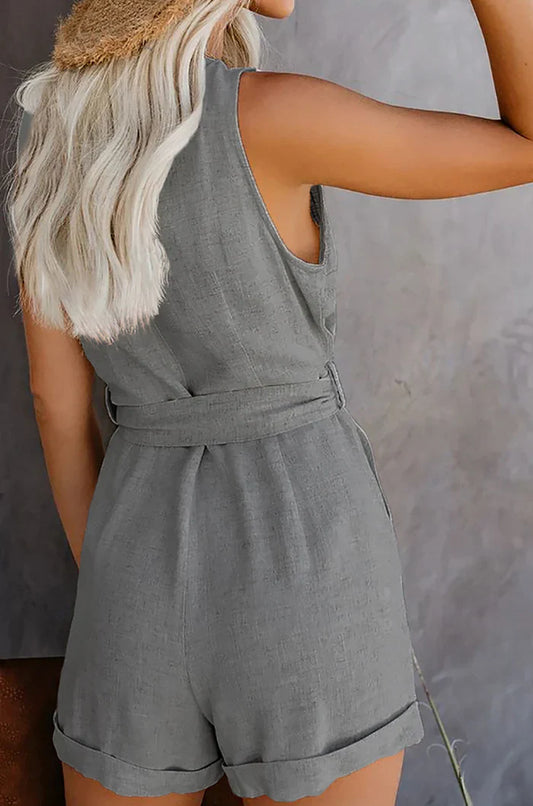 Katie - Sleeveless Linen Blend Button-front Romper
