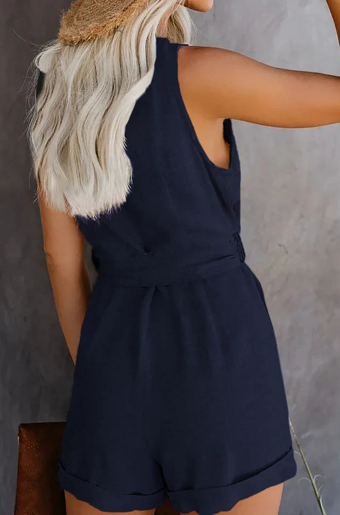Katie - Sleeveless Linen Blend Button-front Romper