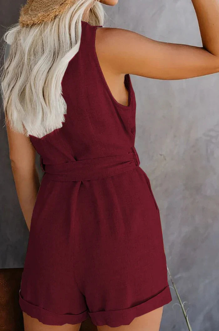 Katie - Sleeveless Linen Blend Button-front Romper