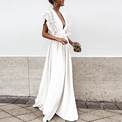 Elysia - Deep V-Neck Ruffle Sleeve Maxi Dress