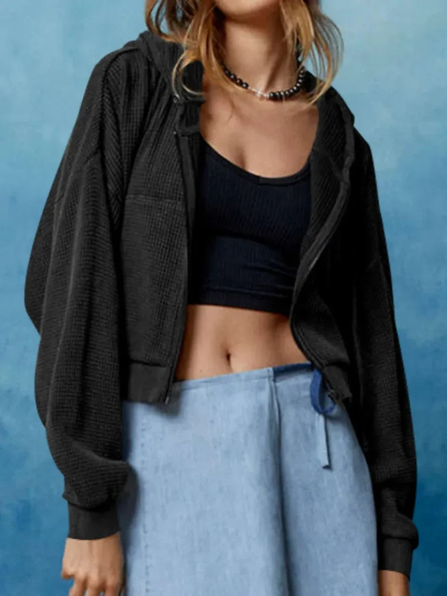 Lunessa – Cropped Waffle Knit Zip-up Hoodie