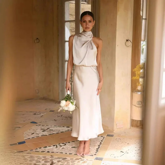 Briony – Elegant Satin Halter Neck Dress