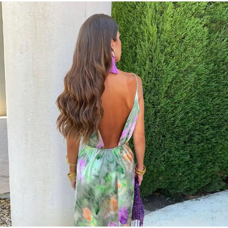 Anisten - Colorful and sexy maxi dress with halo-dye print and removable scarf