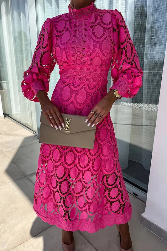 Liah - Elegant midi dress with lantern sleeves in crochet lace