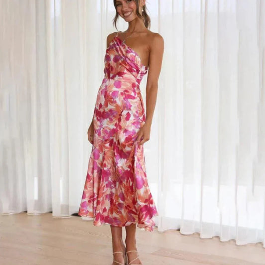 Selvita – One-shoulder Floral Satin Midi Dress