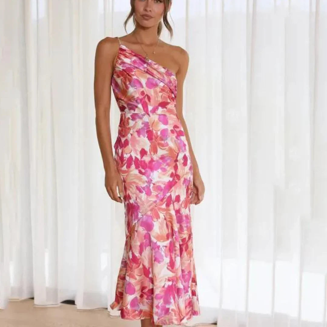 Selvita – One-shoulder Floral Satin Midi Dress