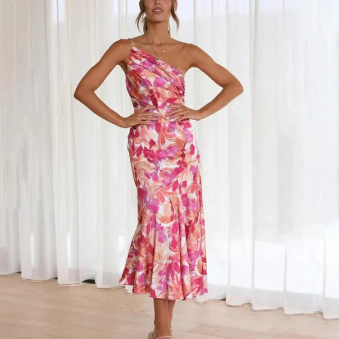 Selvita – One-shoulder Floral Satin Midi Dress