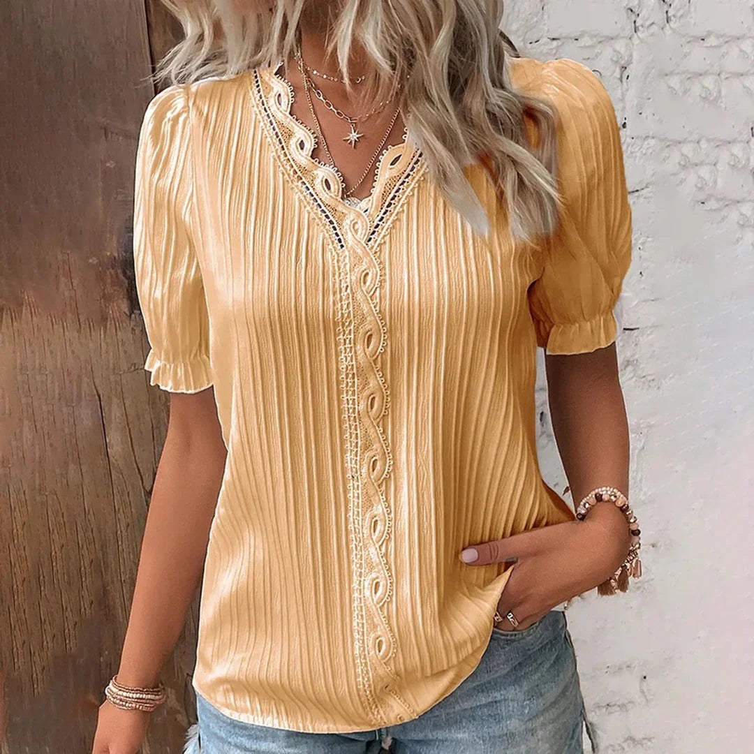 Clarielle – Charming Pleated V-neck Blouse