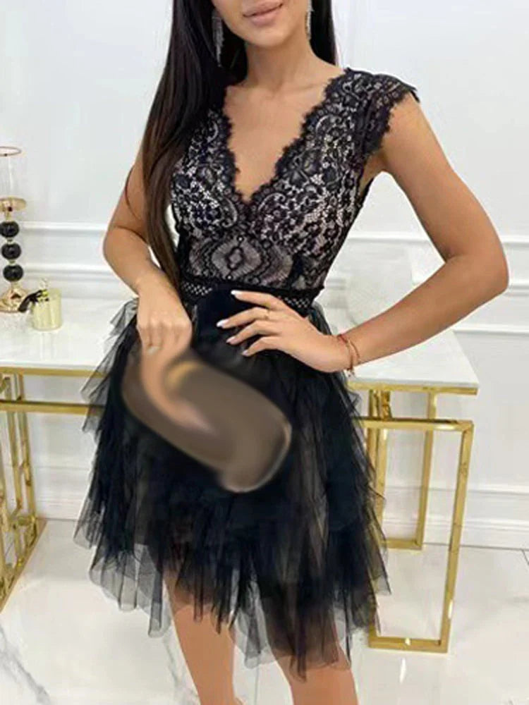 Elarisca – Elegant Floral Tulle Mini Dress