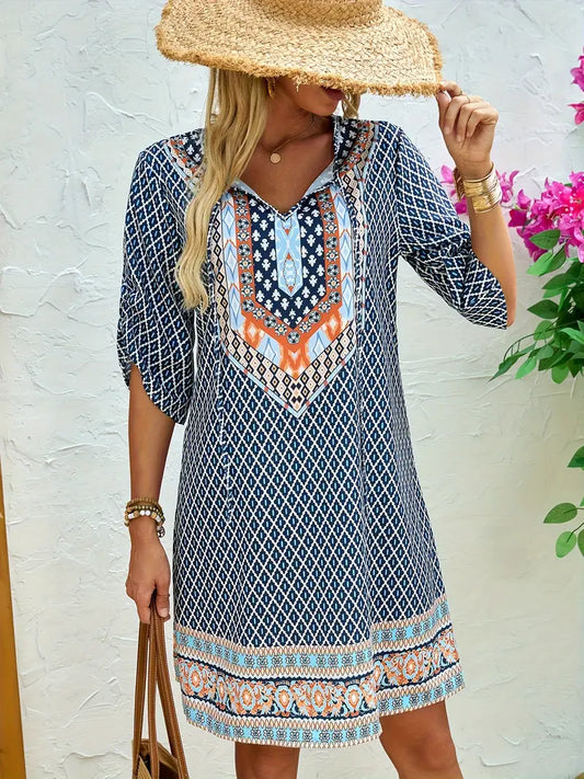 Zariah – Charming V-neck Boho Print Tunic Dress