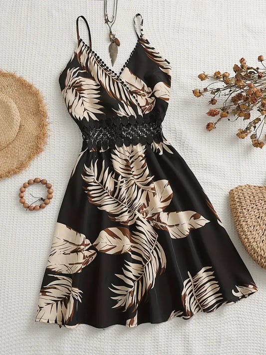 Kamala – Tropical Print A-line Spaghetti Strap Dress