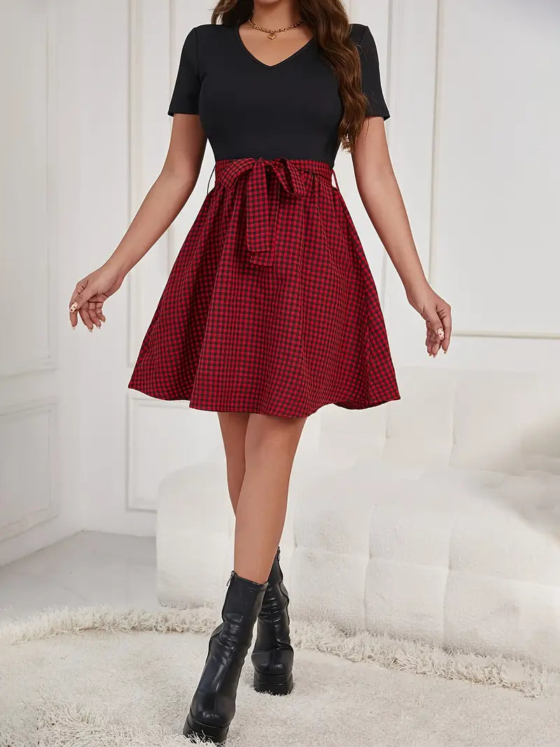 Merlina – Classic V-neck Dress with Gingham Skirt