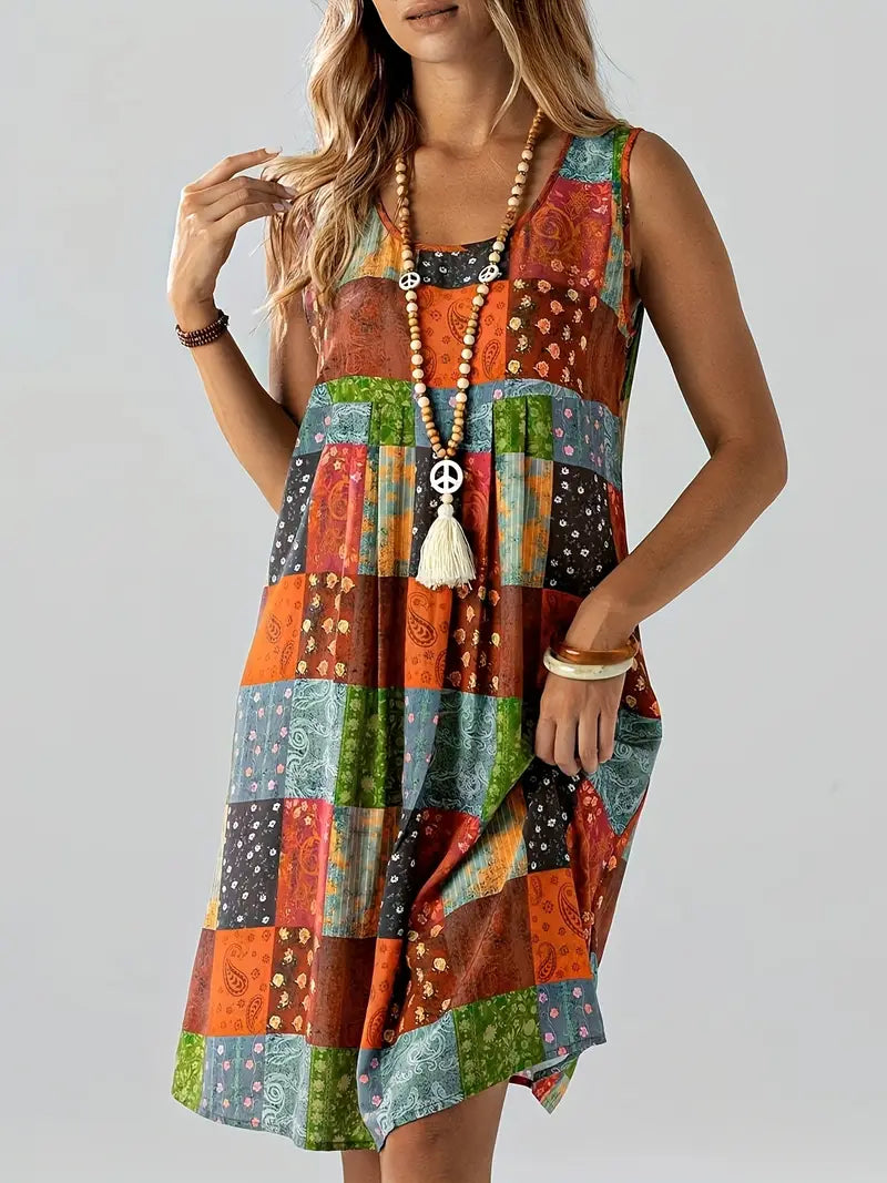 Lenivelle – Boho Patchwork Sleeveless Swing Dress