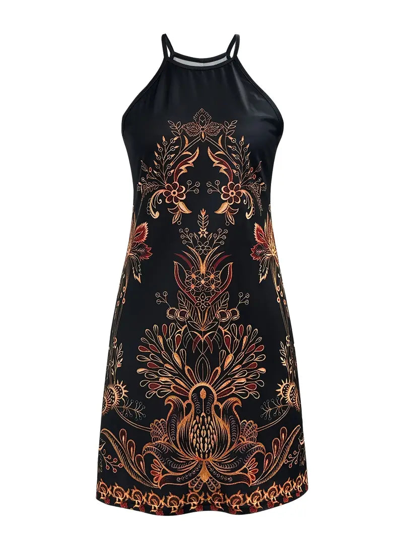 Morticia – Boho Print Halter Neck Dress