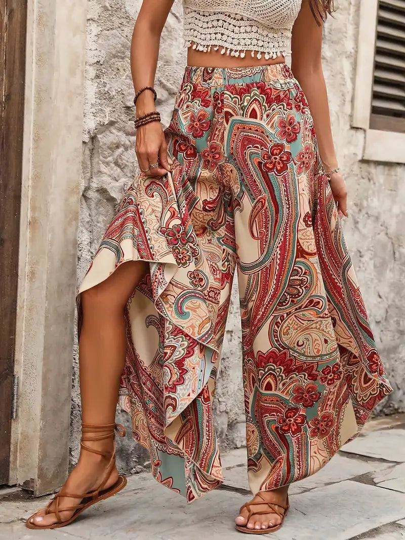 Loren – Boho Paisley Palazzo Pants with Slit