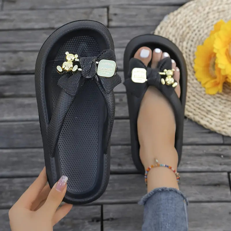 Anneliese – Platform Flip-flops with Bow and Gold Charm Detail
