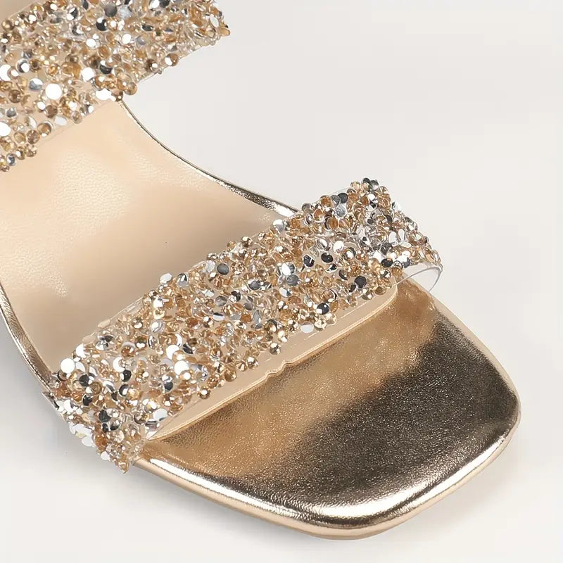 Melisette – Transparent Block Heel Glitter Strap Sandals