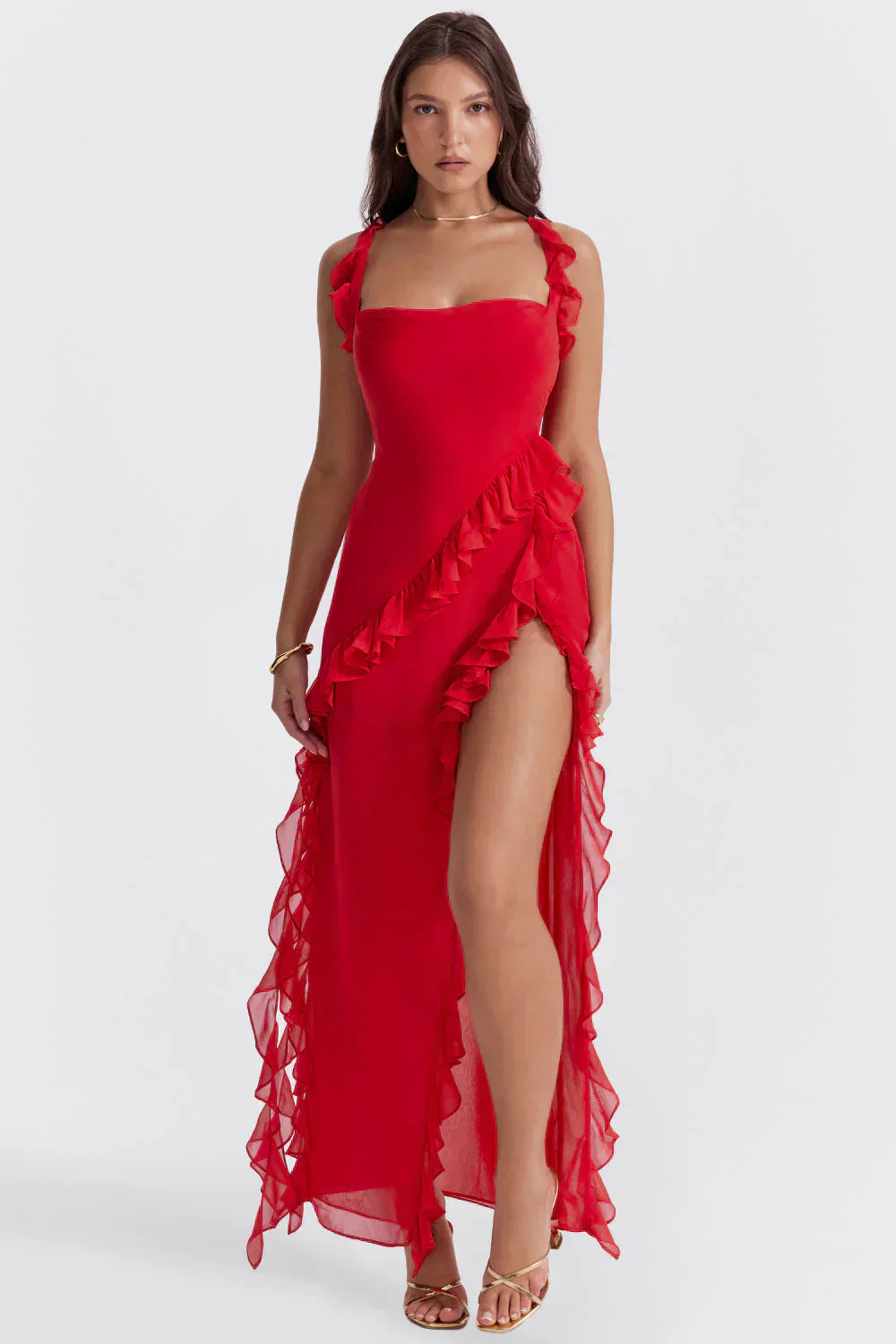 Tezari – Elegant Ruffle Trim Maxi Dress