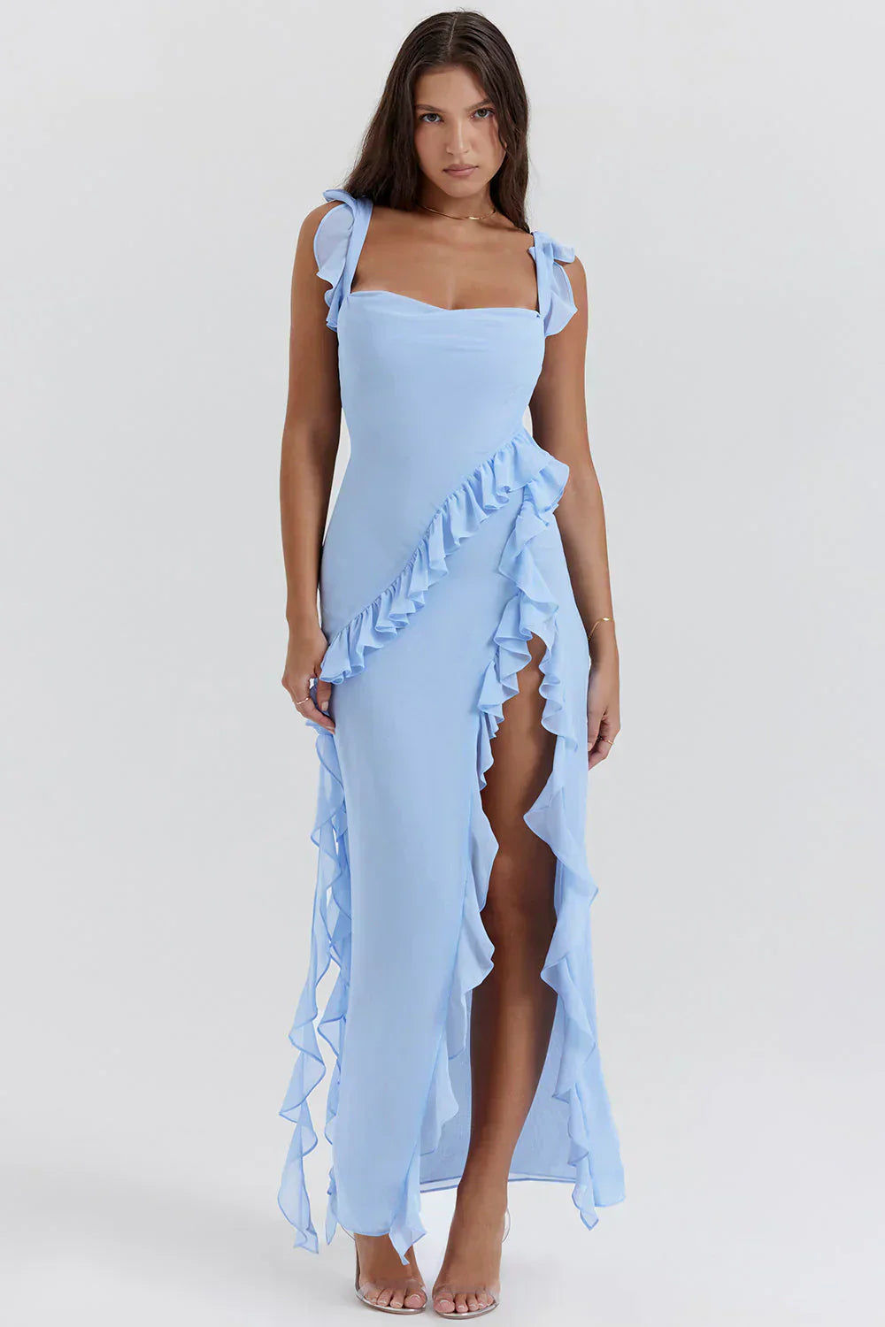 Tezari – Elegant Ruffle Trim Maxi Dress