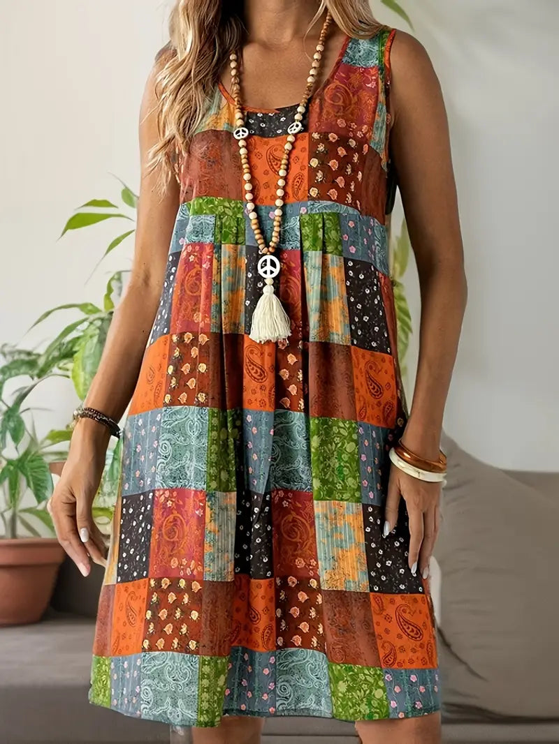 Lenivelle – Boho Patchwork Sleeveless Swing Dress