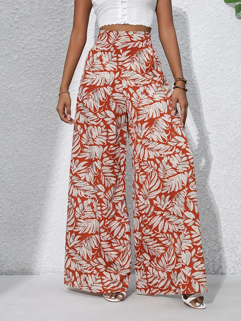 Louvelle – Stylish Tropical Print Wide-leg Trousers
