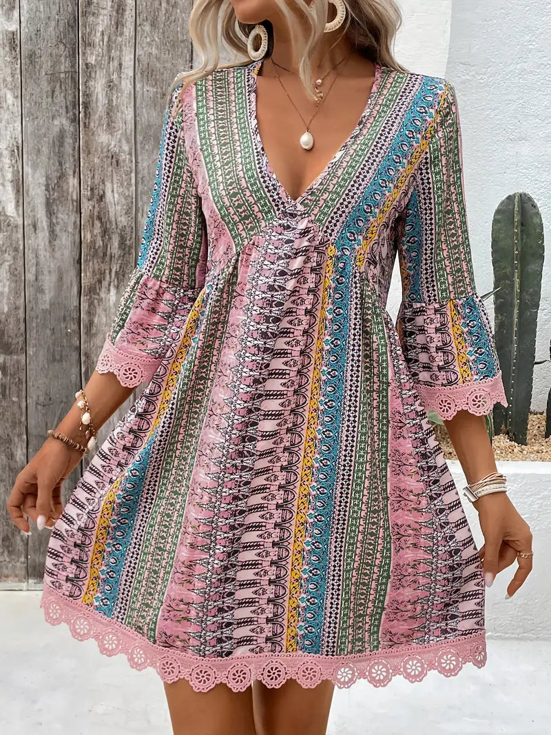 Mindy – Stylish V-neck Boho Print Mini Dress
