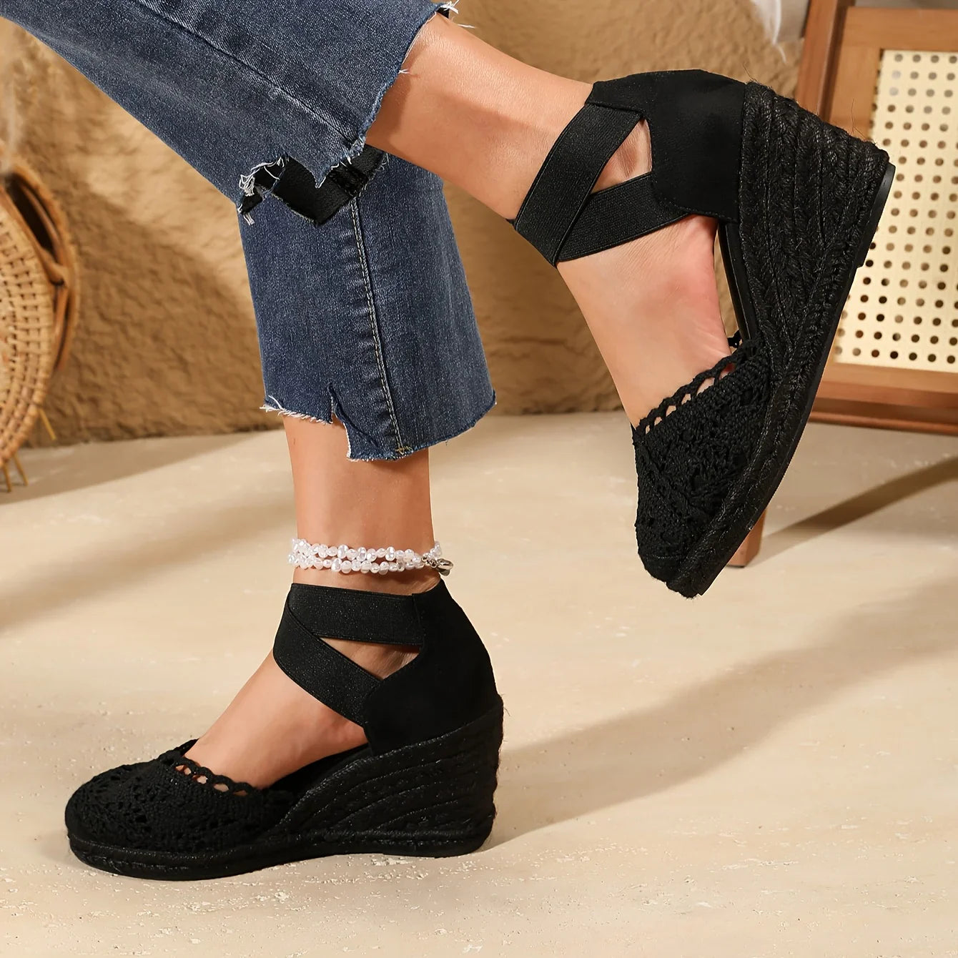 Nessa – Elegant Crochet Lace Wedge Sandals