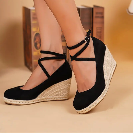 Leija – Black Wedge Espadrilles with Ankle Strap