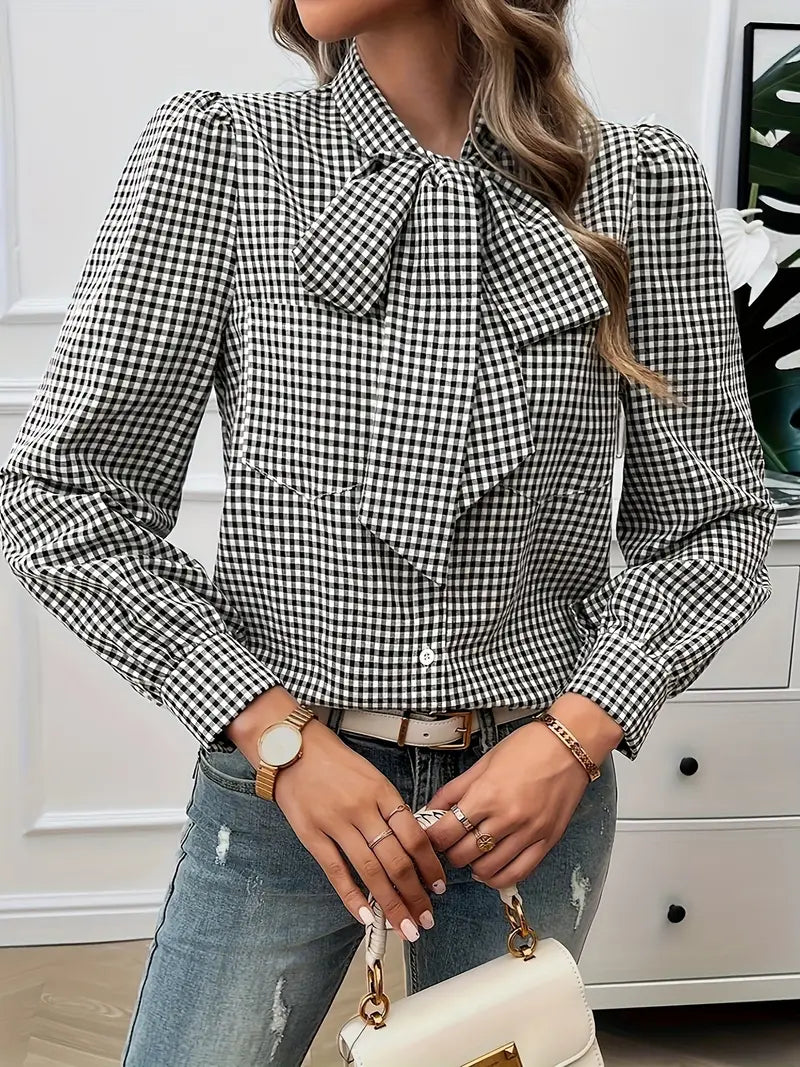 Mortisia – Classic Bow Tie Checkered Blouse